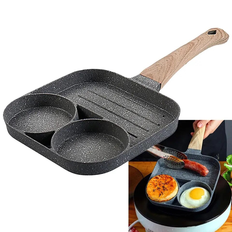 2Hole Compound Bottom Omelette Pan 3 In 1 Steak Egg Burger Breakfast Pan Non-stick Home Universal for Gas Stove Induction Cooker